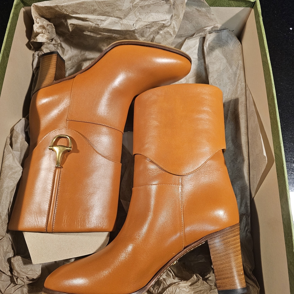 Gucci Tangerine Leather Heeled Boots. AKA Gucci Half Horsebit Ankle Boot.